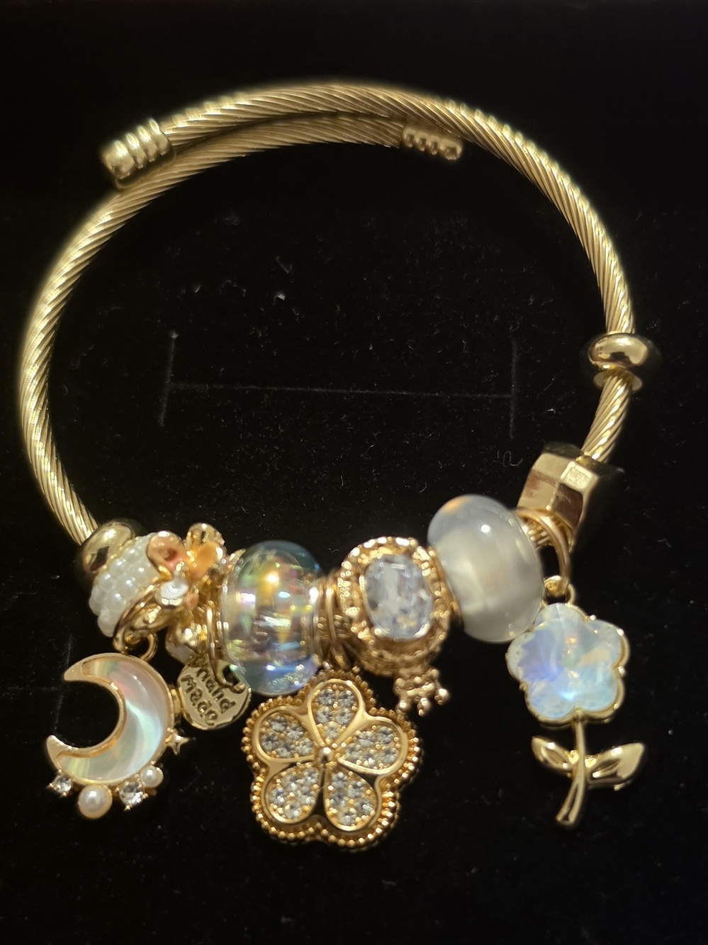 Gold-Tone Moon & Flower Charm Bracelet with Opalescent Beads